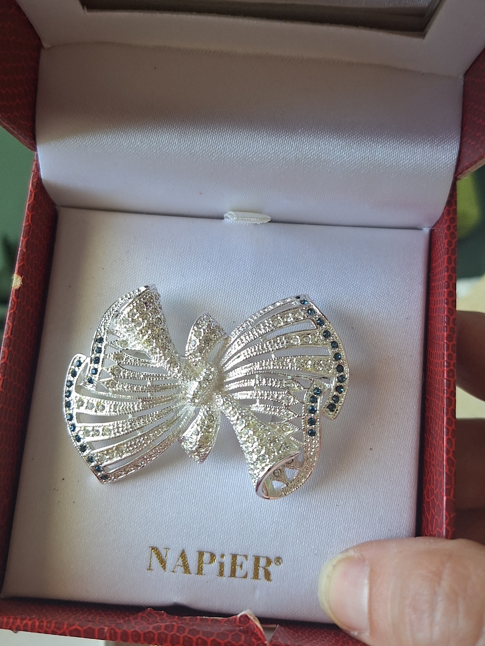 Napier Silver Bow Brooch with Blue Accents (New)